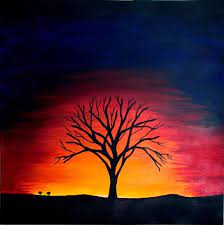 Sunset or sunrise in ocean, nature landscape. Tree Silhouette And Sunset Background Oil Pastel Drawings Pastel Sunset Silhouette Painting