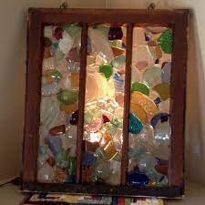 Broken Glass Collage Broken Glass Crafts Glass Window Art Stained Glass Mosaic Window