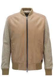 Hugo Boss Bomber Jacket In Leather With Knitted Sleeves Beige Leather Jackets From Boss For Men In The Official Hu Bomber Jacket Jackets Beige Leather Jacket
