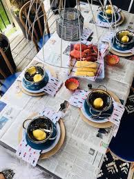 Check our summer dinner party menu with fresh maine clams, maine mussels and of course live maine lobster! Harlow Thistle Lobster Dinner Table Setting Lobster Dinner Seafood Boil Party Dinner Table Setting