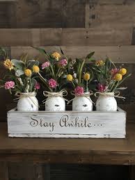 Mason Jars Centerpiece Table Decoration Mason Jars Home Etsy Kitchen Table Decor Spring Table Decor Wooden Box Centerpiece