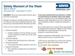 Dover Als Safety Moment Of The Week 29 Nov 15 Workplace Safety Safety Topics Health And Safety