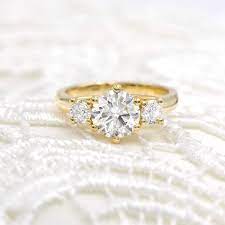 Round Three Stone Trellis Setting In 14k Yellow Gold Yellow Gold Engagement Rings Three Stone Gold Engagement Rings