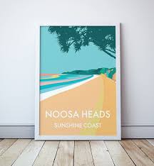 Noosa Heads Beach Vintage Style Seaside Travel Print Etsy Travel Prints Beach Illustration Vintage Beach Posters