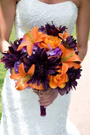 Orange And Plum Purple Wedding Bouquet With Diamonds Orange Lily And Plum Dahlia Purple Wedding Bouquets Plum Purple Wedding Fall Wedding Bouquets