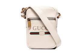 White matelassé chevron leather with gg on the back. Gucci White Logo Print Leather Messenger Bag Hypebeast