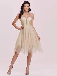 Low Back Glitter Bodice Mesh Hanky Hem Dress Shein Usa In 2021 Knee Length Prom Dress Asymmetrical Prom Dress Dresses