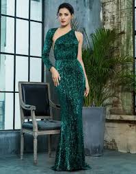 One Shoulder Green Evening Gown Emerald Green Formal Sequin Dress Something She Likes Green Evening Gowns Sequin Maxi Dress Prom Dresses With Sleeves