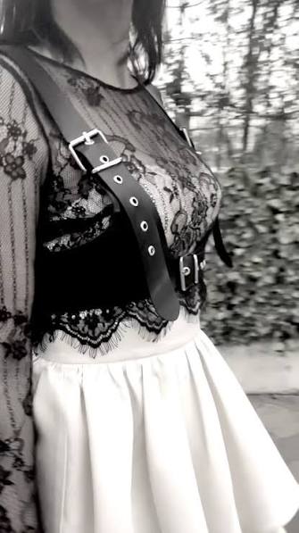 Keep it simple, elegant but significant , 🖤 lace crop top & doll skirt 🖤  , ⚔️styled with a leather harness, @iseeyou.official