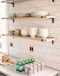 Open Shelving Shelving White Tile Wood Shelves Black Brackets Shelfie Shelf Low Cost Kitchen Cabinets Affordable Kitchen Remodeling Cheap Kitchen Remodel