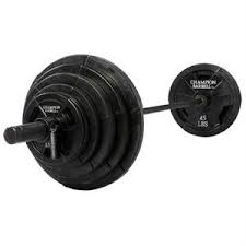 This is a true olympic set with a 45 pound bar and spring collars. Champion Barbell 300 Lb Rubber Grip Olympic Weight Set