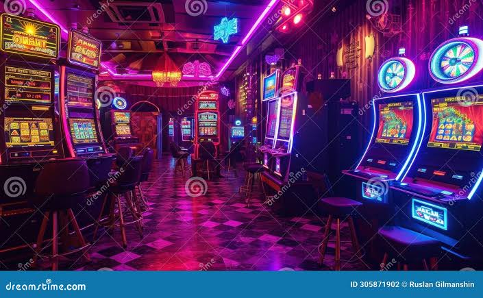 Casino Slot Machines. Dark Background, Neon Lights, Intentional Background  Blur Stock Photo - Image of pokie, spin: 305871902