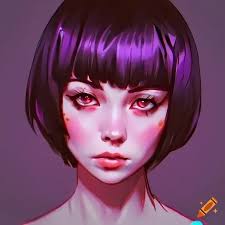 Cyber biorobot girl with violet short hair and red eyes in ilya kuvshinov  style