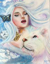 OOAK Original Oil Painting fairy cat lion 11 x 14" Panel Bronwen Skye  butterfly