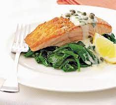 Salmon Spinach With Tartare Cream Recipe Bbc Good Food Recipes Salmon Spinach Seafood Recipes