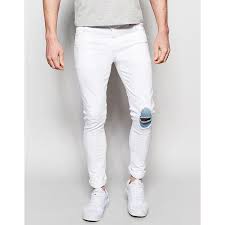 Black And White Jeans Mens Asos Super Skinny Jeans With Knee Rips And Patch Detail 35 Liked On Polyvore Featuring M White Jeans Men Mens Distressed Skinny Jeans Mens Destroyed Jeans