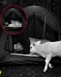 Sheep takes shelter in man's tent during storm