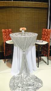 Fun Tall Cocktail With Custom Silver Sequin Linen Wedding Table Linens Cake Table Decorations Cocktail Table Decor