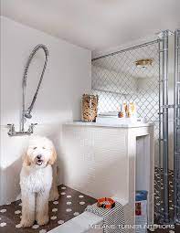 Grey and white porcelain showers images of dogs. White Subway Tiled Dog Shower With Black And White Hex Tiled Floor Transitional Laundry Room