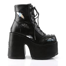 Foremode women autumn round toe lace up ankle buckle chunky high heel platform knight martin boots. Camel 201 Demonia Platform Lace Up Ankle Boot Black Silver Holographic Bats High Heels Discount Ueber 5000 High Heels Gr 35 47