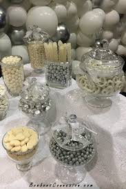 White And Silver Candy Buffet Bar At The Salon Let S Get Married Place Bonaventure Bonbonsconnexi Silver Candy Buffet Candy Bar Wedding Candy Buffet Wedding