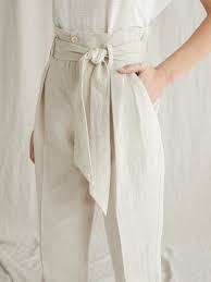 Pantalon femme en lin avec ceinture élastiquée. Pantalon Coton Et Lin Femme Beige Chine Femme