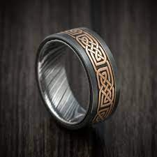 Black Zirconium And Kuro Damascus Steel 14k Gold Celtic Knot Pattern Inlay Ring Gold Celtic Knot Black Zirconium Ring Zirconium