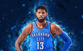 Download Wallpapers Paul George 4k Fan Art Basketball Stars Nba Oklahoma City Thunder Abstract Art George Neon Lights Okc Basketball Creative Blue B Paul George Nba Background Basketball Star
