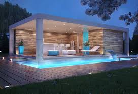 Small Modern Pool House Design White Stucco Veneer With Light Wood Siding Inground Pool Deck Modern Pool House Pool House Designs Pool Patio Designs