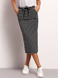 Black And White Striped Pencil Skirt Outfit Black White Drawstring Waist Striped Skirt Stripe Skirt White Striped Skirt Pencil Skirt Casual