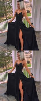 Spaghetti Straps A Line Floor Length Black Prom Dress With Split On Storenvy Black Prom Dress Black Prom Dresses Prom Dresses Long