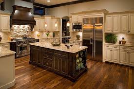 2 Amazing Stacked Stone Backsplash With White Wooden Cabinets Added With Brow In 2020 Wood Tile Floor Kitchen Dark Wood Kitchen Cabinets Cream Colored Kitchen Cabinets