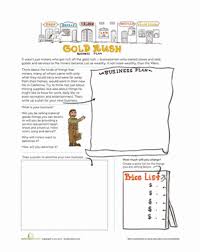 The page contains gold and similar colors including their accompanying hex and rgb codes. Gold Rush Business Plan Worksheet Education Com