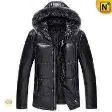 Mens Parka Down Leather Jacket With Fur Hood Cw860025 Fur Leather Jacket Fur Hood Jacket Leather Jacket Men