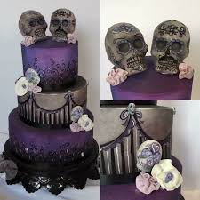 Gothic Purple And Black Wedding Cake Featuring Hand Painted Design And Solid Chocolate Skulls Skull Cake Black Wedding Cakes Cake