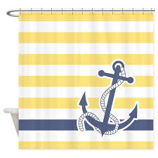 Light Yellow And White Nautical Stripe With A Big Navy Blue Anchor And Accent Stripe Perfe Yellow Shower Curtains Anchor Shower Curtains Yellow Bathroom Decor