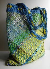 Plarn Tote Yellow Green Blue Lined Plastic Bag Crafts Woven Bag Hand Weaving