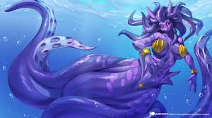 218208 - suggestive, artist:alanscampos, fictional species, fish, hybrid,  mollusk, octopus, anthro, 16:9, 2019, belly button, breasts, cecaelia,  detailed background, digital art, ears, eyelashes, female, hair, ocean,  scales, seashell bra, solo, solo ...