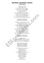Lyrics to the michael jackson song, 'earth song'. English Worksheets Earth Song Lyrics Michael Jackson Songs Lyrics Lyrics Earth Song