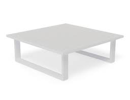 Large rustic farmhouse coffee table, provincial brown top, creamy white distressed base, large square coffee table with shelve. Vivara Outdoor Square Coffee Table White Aluminum By Bent Design Studio