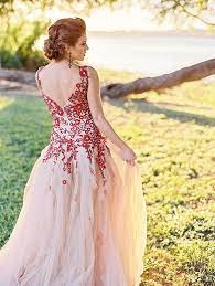 Bold Colors And A Floral Wedding Dress For Fall Floral Wedding Dress Applique Wedding Dress Colored Wedding Dresses