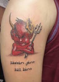 Simple Upper Sleeve Cover Up With Outstanding Red Ink Angry Baby Devil Tattoo Design With Simple