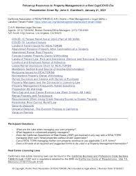 The california residential lease agreement (rental agreement) is a binding agreement between a landlord (property owner) and tenant (occupant) to rent residential property in exchange for rent payment. Https Www Pwr Net Downloads Covid19 Propertymanagementwebinarfollowupresources Pdf