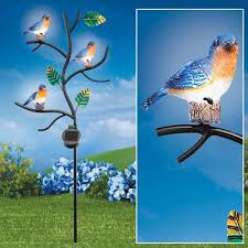 Owl Bird Bath With Solar Light Bluebirds On Branches Metal Solar Yard Stake Outdoor Solar Lights Outdoor Solar Bird Garden