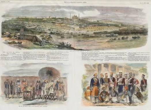 Set of two prints with panoramic views of Delhi a) Anonymous The city and environs of Delhi - sketched by an officer of the Bengal Artillery 1857 Later hand-coloured woodcut engraving on