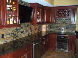 Cherry Cabinets Granite Countertops Natural Slate Backsplash 12x24 Floor Tile Kitchen Backsplash Photos Cherry Cabinets Travertine Backsplash