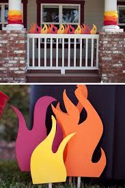 Stick flame cutouts to a brick wall poster for a burning building backdrop. Fireman Sam Themed Party Ideas Brisbane Kids Firetruck Birthday Firetruck Birthday Party Fire Fighter Birthday Party