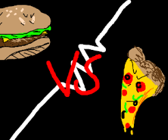 Pizza has 266 kcal per 100g and burger king hamburger 261 kcal per 100g so it is pretty easy to calculate that the difference is about 2 %. Burger Vs Pizza War Drawception