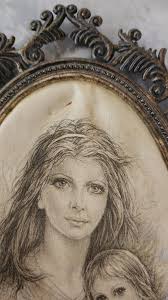 Vintage Serigraph Satin Brass Gilt Frame Giuseppe Tarantino Mother & Child  1970s