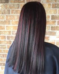 Long Classic Hair With Burgundy Babylights Dark Brunette Balayage Hair Red Highlights In Brown Hair Straight Hair Highlights